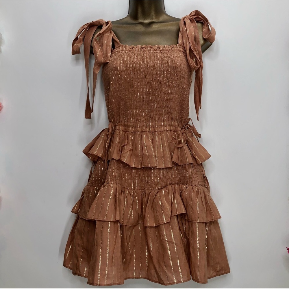 House of Harlow tan ruffle smocked dress